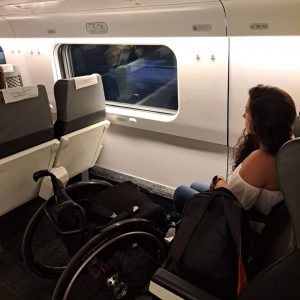 Pessoa sentada num lugar no comboio. O lugar tem a indicação de ser prioritário para pessoas com mobilidade reduzida e tem espaço adicional.